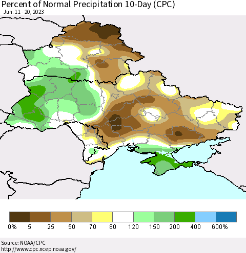 Ukraine, Moldova and Belarus Percent of Normal Precipitation 10-Day (CPC) Thematic Map For 6/11/2023 - 6/20/2023