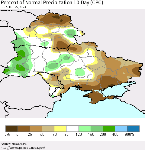 Ukraine, Moldova and Belarus Percent of Normal Precipitation 10-Day (CPC) Thematic Map For 6/16/2023 - 6/25/2023