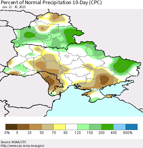 Ukraine, Moldova and Belarus Percent of Normal Precipitation 10-Day (CPC) Thematic Map For 6/21/2023 - 6/30/2023