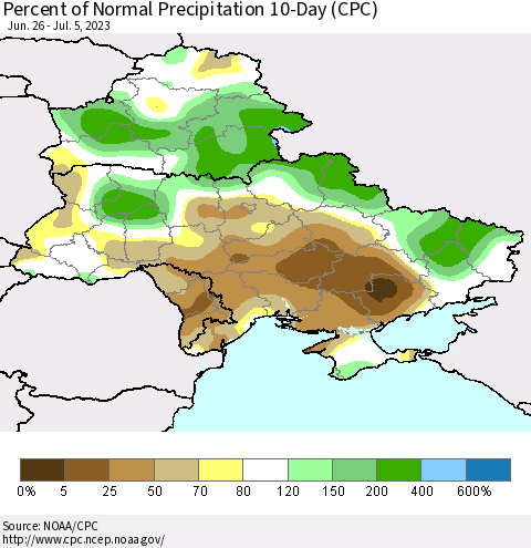 Ukraine, Moldova and Belarus Percent of Normal Precipitation 10-Day (CPC) Thematic Map For 6/26/2023 - 7/5/2023
