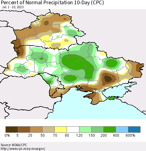 Ukraine, Moldova and Belarus Percent of Normal Precipitation 10-Day (CPC) Thematic Map For 7/1/2023 - 7/10/2023