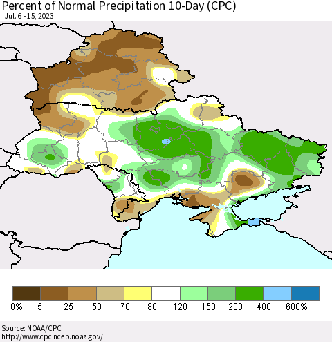 Ukraine, Moldova and Belarus Percent of Normal Precipitation 10-Day (CPC) Thematic Map For 7/6/2023 - 7/15/2023