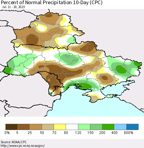 Ukraine, Moldova and Belarus Percent of Normal Precipitation 10-Day (CPC) Thematic Map For 7/11/2023 - 7/20/2023