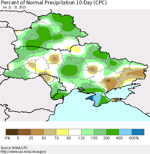Ukraine, Moldova and Belarus Percent of Normal Precipitation 10-Day (CPC) Thematic Map For 7/21/2023 - 7/31/2023