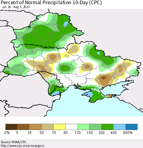 Ukraine, Moldova and Belarus Percent of Normal Precipitation 10-Day (CPC) Thematic Map For 7/26/2023 - 8/5/2023