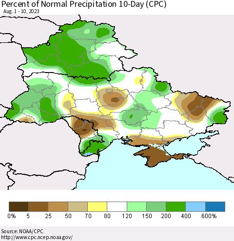 Ukraine, Moldova and Belarus Percent of Normal Precipitation 10-Day (CPC) Thematic Map For 8/1/2023 - 8/10/2023