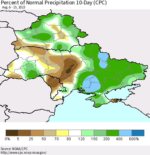 Ukraine, Moldova and Belarus Percent of Normal Precipitation 10-Day (CPC) Thematic Map For 8/6/2023 - 8/15/2023