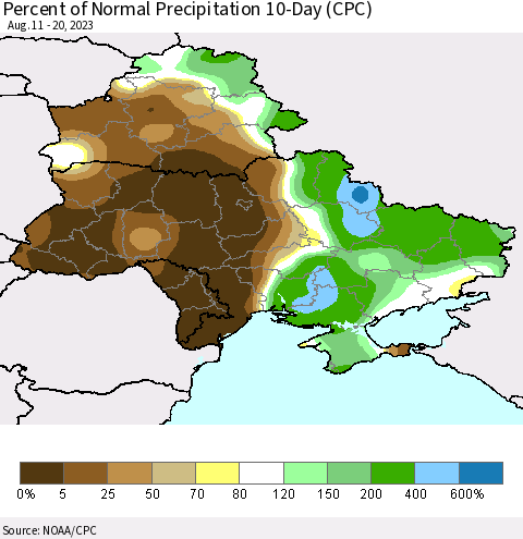Ukraine, Moldova and Belarus Percent of Normal Precipitation 10-Day (CPC) Thematic Map For 8/11/2023 - 8/20/2023