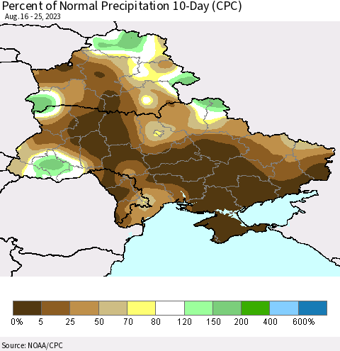 Ukraine, Moldova and Belarus Percent of Normal Precipitation 10-Day (CPC) Thematic Map For 8/16/2023 - 8/25/2023