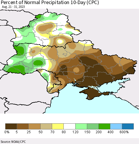 Ukraine, Moldova and Belarus Percent of Normal Precipitation 10-Day (CPC) Thematic Map For 8/21/2023 - 8/31/2023