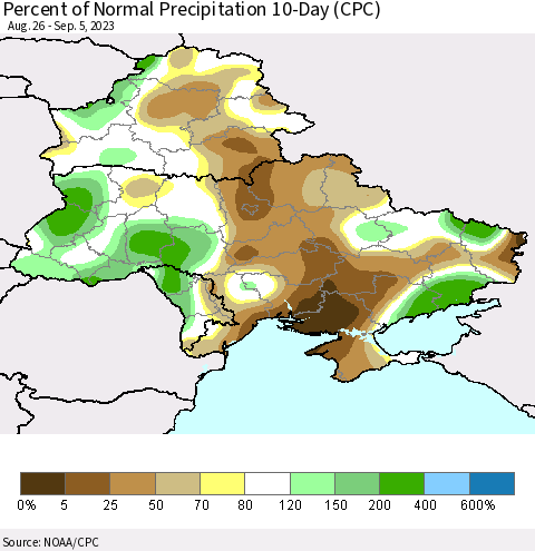 Ukraine, Moldova and Belarus Percent of Normal Precipitation 10-Day (CPC) Thematic Map For 8/26/2023 - 9/5/2023