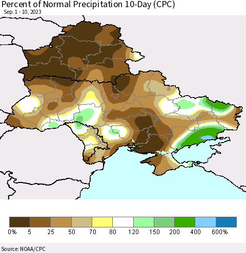 Ukraine, Moldova and Belarus Percent of Normal Precipitation 10-Day (CPC) Thematic Map For 9/1/2023 - 9/10/2023