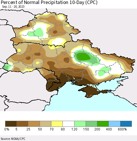 Ukraine, Moldova and Belarus Percent of Normal Precipitation 10-Day (CPC) Thematic Map For 9/11/2023 - 9/20/2023
