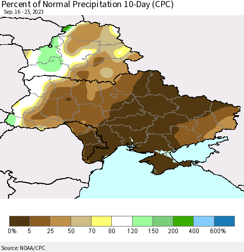 Ukraine, Moldova and Belarus Percent of Normal Precipitation 10-Day (CPC) Thematic Map For 9/16/2023 - 9/25/2023
