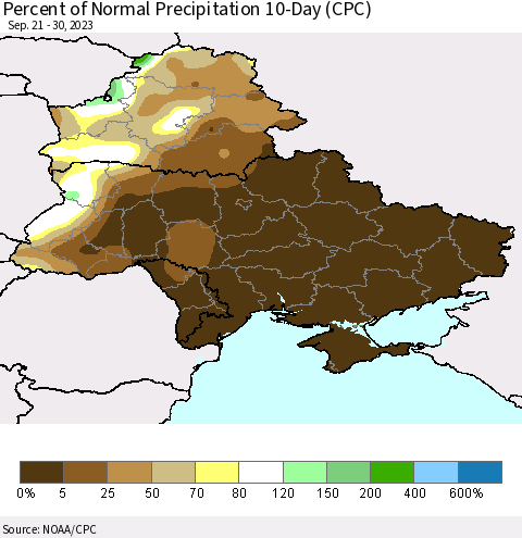 Ukraine, Moldova and Belarus Percent of Normal Precipitation 10-Day (CPC) Thematic Map For 9/21/2023 - 9/30/2023