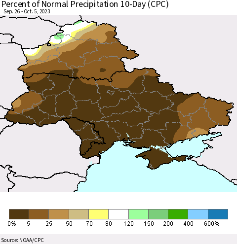 Ukraine, Moldova and Belarus Percent of Normal Precipitation 10-Day (CPC) Thematic Map For 9/26/2023 - 10/5/2023
