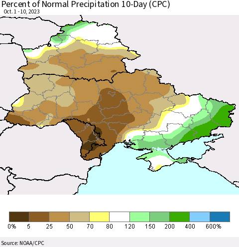 Ukraine, Moldova and Belarus Percent of Normal Precipitation 10-Day (CPC) Thematic Map For 10/1/2023 - 10/10/2023