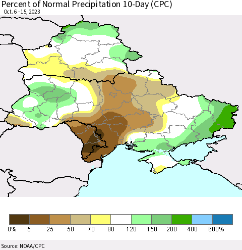 Ukraine, Moldova and Belarus Percent of Normal Precipitation 10-Day (CPC) Thematic Map For 10/6/2023 - 10/15/2023