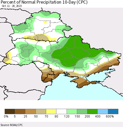 Ukraine, Moldova and Belarus Percent of Normal Precipitation 10-Day (CPC) Thematic Map For 10/11/2023 - 10/20/2023
