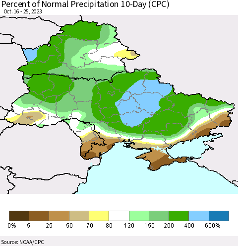 Ukraine, Moldova and Belarus Percent of Normal Precipitation 10-Day (CPC) Thematic Map For 10/16/2023 - 10/25/2023