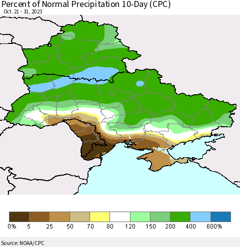 Ukraine, Moldova and Belarus Percent of Normal Precipitation 10-Day (CPC) Thematic Map For 10/21/2023 - 10/31/2023