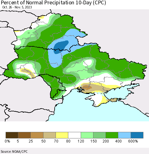 Ukraine, Moldova and Belarus Percent of Normal Precipitation 10-Day (CPC) Thematic Map For 10/26/2023 - 11/5/2023