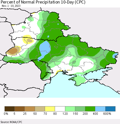 Ukraine, Moldova and Belarus Percent of Normal Precipitation 10-Day (CPC) Thematic Map For 11/1/2023 - 11/10/2023