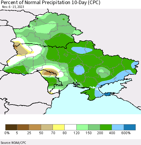Ukraine, Moldova and Belarus Percent of Normal Precipitation 10-Day (CPC) Thematic Map For 11/6/2023 - 11/15/2023