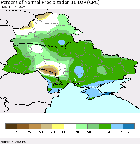Ukraine, Moldova and Belarus Percent of Normal Precipitation 10-Day (CPC) Thematic Map For 11/11/2023 - 11/20/2023