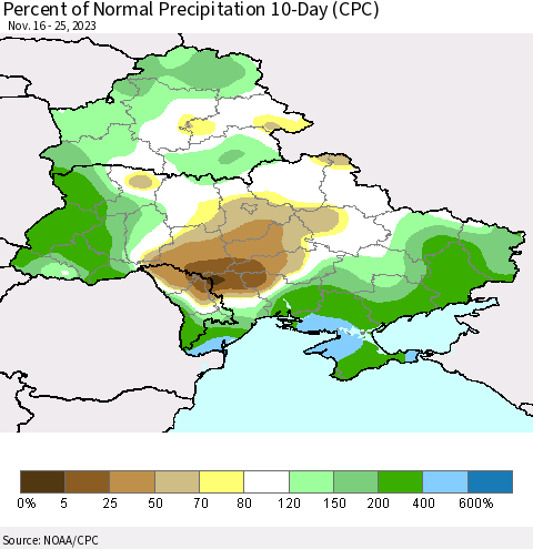 Ukraine, Moldova and Belarus Percent of Normal Precipitation 10-Day (CPC) Thematic Map For 11/16/2023 - 11/25/2023