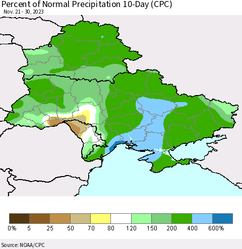 Ukraine, Moldova and Belarus Percent of Normal Precipitation 10-Day (CPC) Thematic Map For 11/21/2023 - 11/30/2023