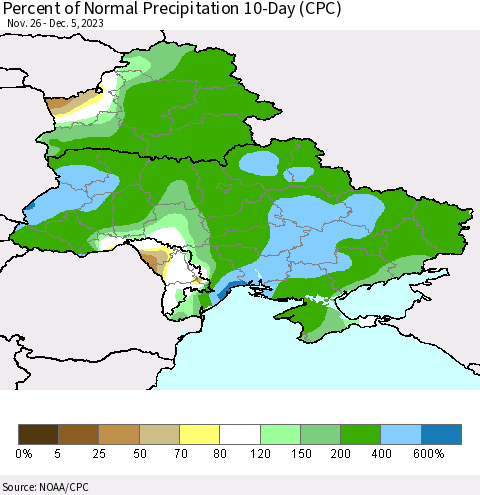 Ukraine, Moldova and Belarus Percent of Normal Precipitation 10-Day (CPC) Thematic Map For 11/26/2023 - 12/5/2023