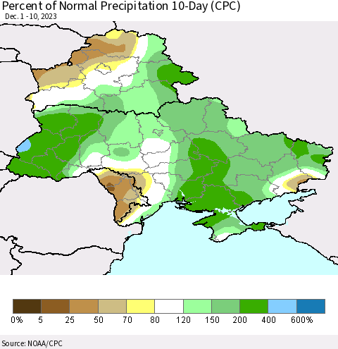 Ukraine, Moldova and Belarus Percent of Normal Precipitation 10-Day (CPC) Thematic Map For 12/1/2023 - 12/10/2023