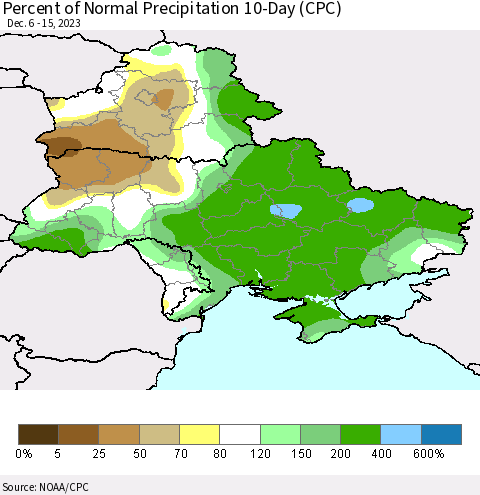 Ukraine, Moldova and Belarus Percent of Normal Precipitation 10-Day (CPC) Thematic Map For 12/6/2023 - 12/15/2023