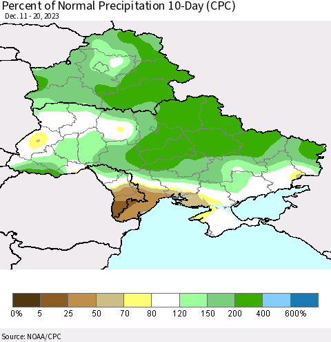 Ukraine, Moldova and Belarus Percent of Normal Precipitation 10-Day (CPC) Thematic Map For 12/11/2023 - 12/20/2023