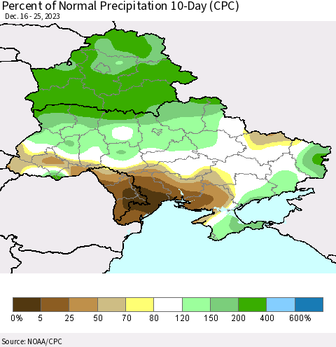Ukraine, Moldova and Belarus Percent of Normal Precipitation 10-Day (CPC) Thematic Map For 12/16/2023 - 12/25/2023