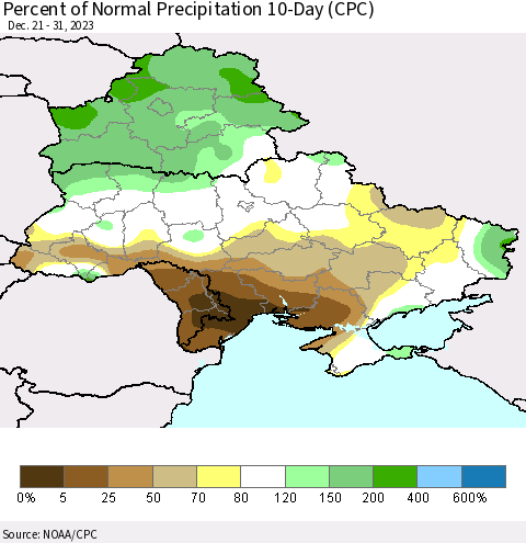 Ukraine, Moldova and Belarus Percent of Normal Precipitation 10-Day (CPC) Thematic Map For 12/21/2023 - 12/31/2023