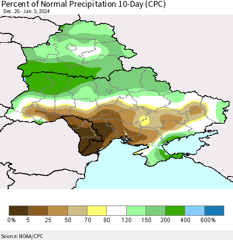 Ukraine, Moldova and Belarus Percent of Normal Precipitation 10-Day (CPC) Thematic Map For 12/26/2023 - 1/5/2024