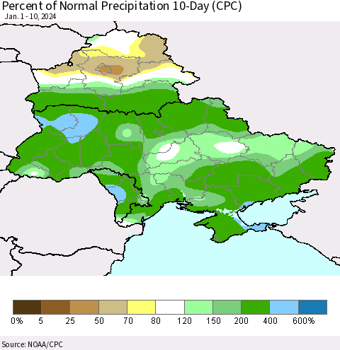 Ukraine, Moldova and Belarus Percent of Normal Precipitation 10-Day (CPC) Thematic Map For 1/1/2024 - 1/10/2024