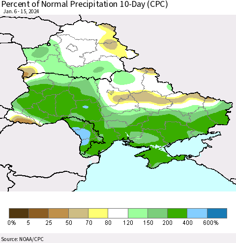Ukraine, Moldova and Belarus Percent of Normal Precipitation 10-Day (CPC) Thematic Map For 1/6/2024 - 1/15/2024