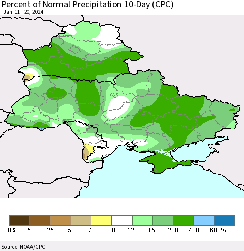 Ukraine, Moldova and Belarus Percent of Normal Precipitation 10-Day (CPC) Thematic Map For 1/11/2024 - 1/20/2024