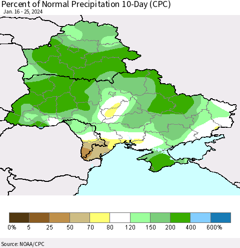 Ukraine, Moldova and Belarus Percent of Normal Precipitation 10-Day (CPC) Thematic Map For 1/16/2024 - 1/25/2024