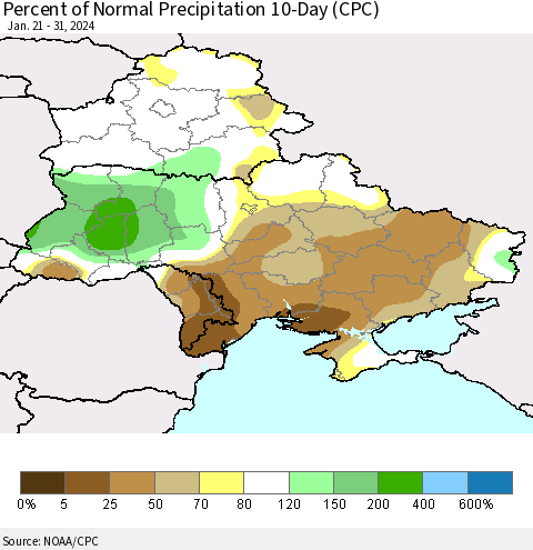 Ukraine, Moldova and Belarus Percent of Normal Precipitation 10-Day (CPC) Thematic Map For 1/21/2024 - 1/31/2024