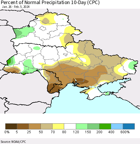 Ukraine, Moldova and Belarus Percent of Normal Precipitation 10-Day (CPC) Thematic Map For 1/26/2024 - 2/5/2024