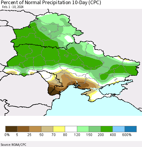 Ukraine, Moldova and Belarus Percent of Normal Precipitation 10-Day (CPC) Thematic Map For 2/1/2024 - 2/10/2024