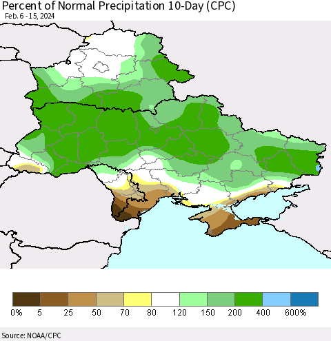 Ukraine, Moldova and Belarus Percent of Normal Precipitation 10-Day (CPC) Thematic Map For 2/6/2024 - 2/15/2024