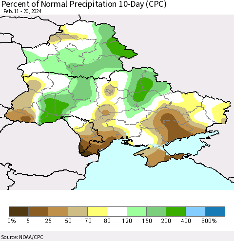 Ukraine, Moldova and Belarus Percent of Normal Precipitation 10-Day (CPC) Thematic Map For 2/11/2024 - 2/20/2024