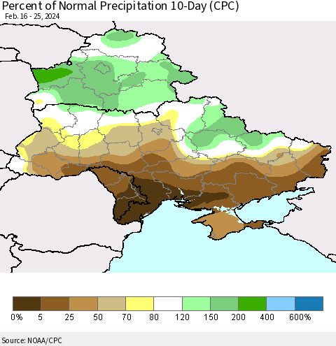 Ukraine, Moldova and Belarus Percent of Normal Precipitation 10-Day (CPC) Thematic Map For 2/16/2024 - 2/25/2024