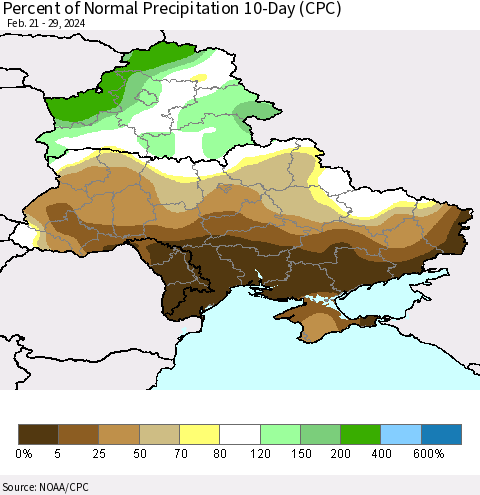 Ukraine, Moldova and Belarus Percent of Normal Precipitation 10-Day (CPC) Thematic Map For 2/21/2024 - 2/29/2024