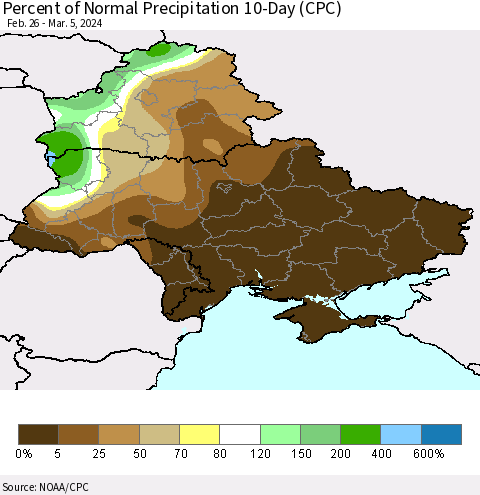 Ukraine, Moldova and Belarus Percent of Normal Precipitation 10-Day (CPC) Thematic Map For 2/26/2024 - 3/5/2024